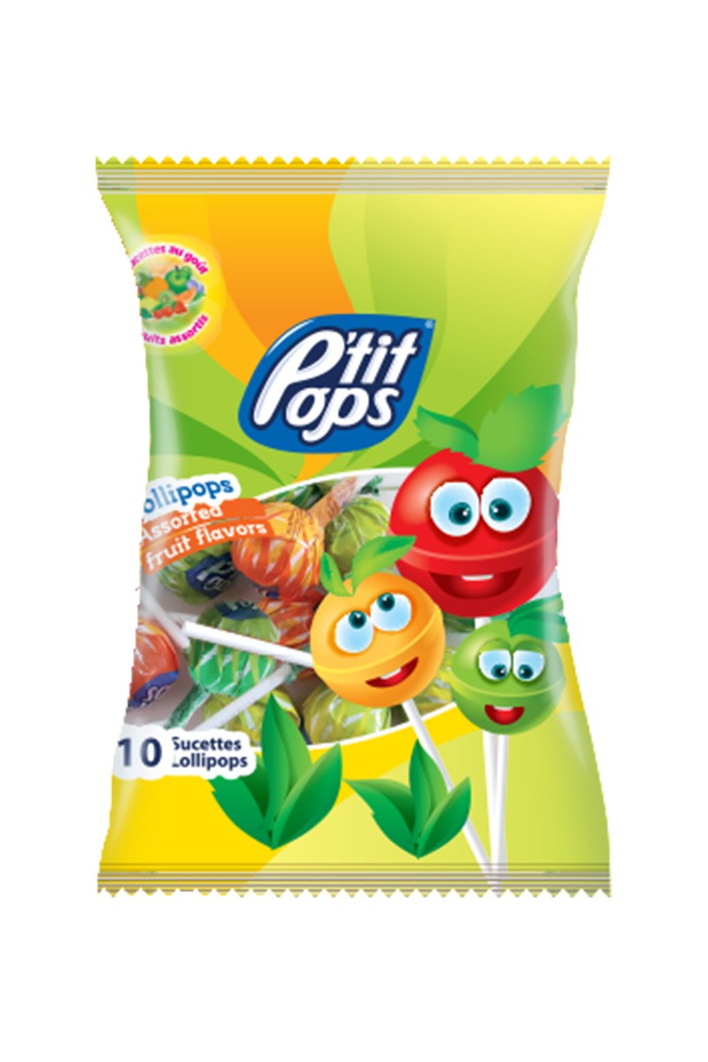 P'TIT POPS Sucettes mix citron, orange, framboise et pomme 10 pièces